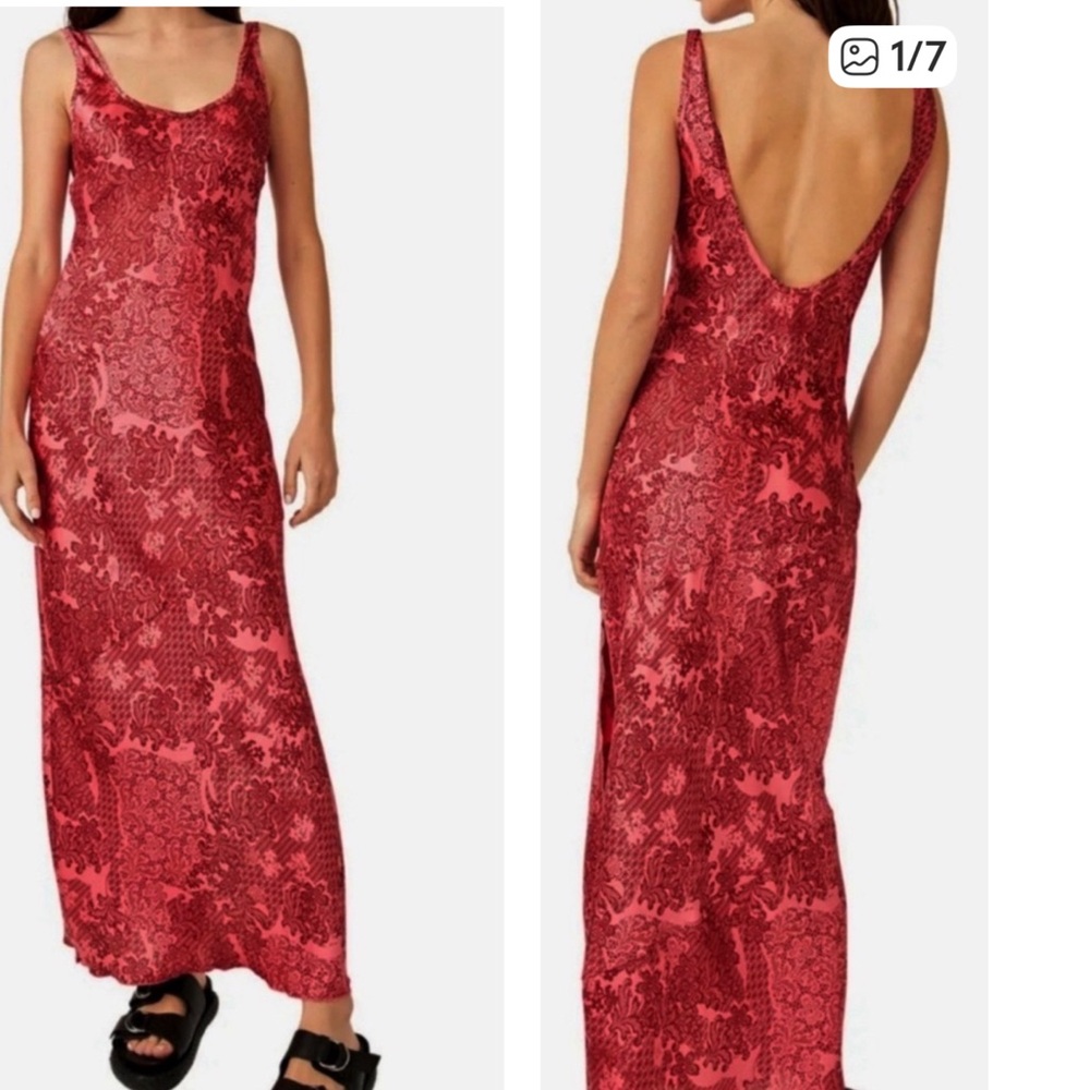 FREE PEOPLE WORTH THE WAIT BIAS CUT SLEEVELESS FLORAL MAXI DRESS LARGE RED - Picture 2 of 10